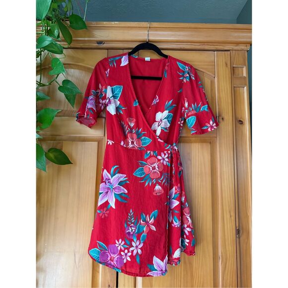 Old Navy Red Floral Waist Defined Flutter Sleeve Dress Womens SZ XS - Picture 2 of 12